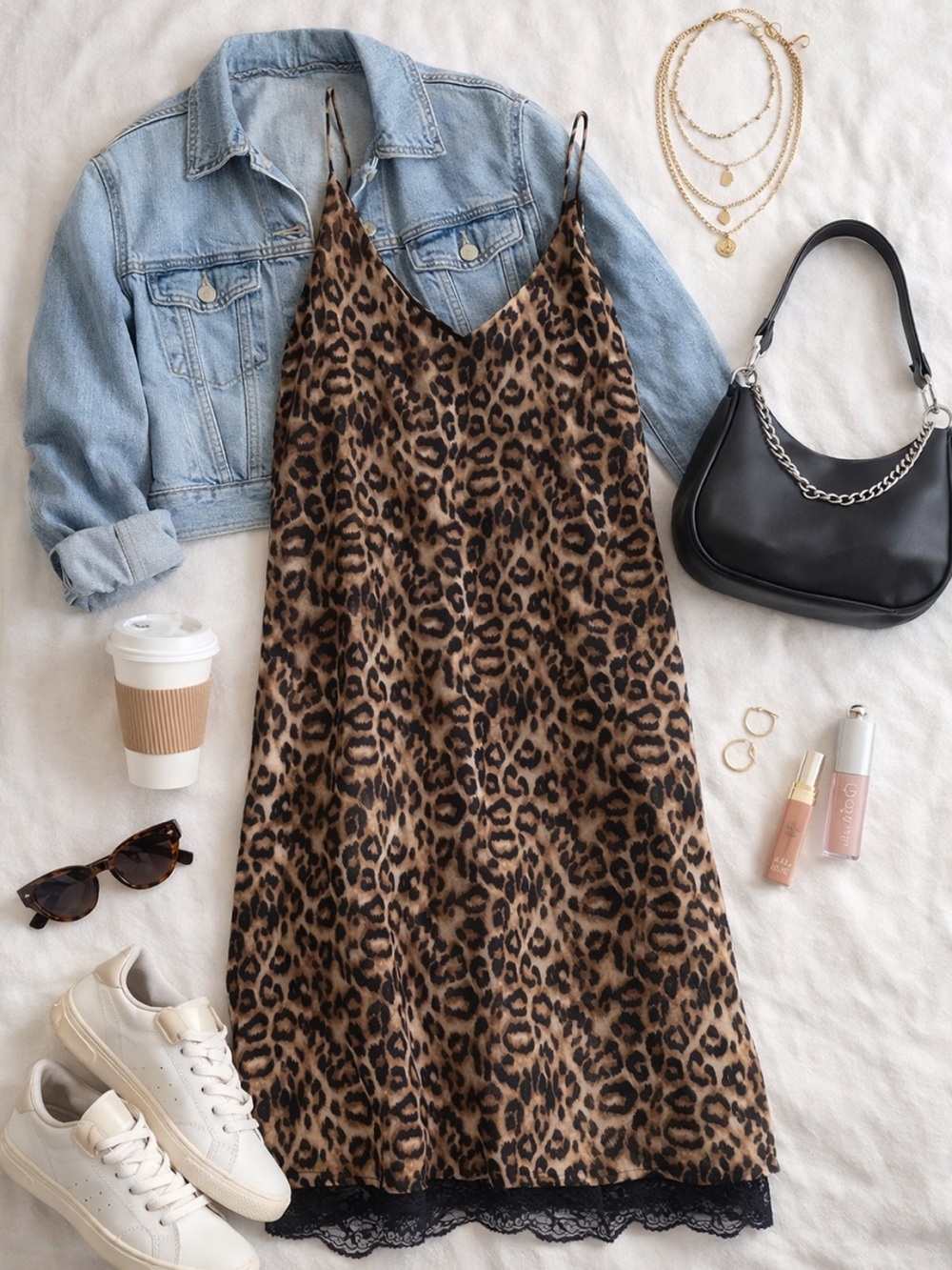 Leopard Print Slip Dress with Lace Trim